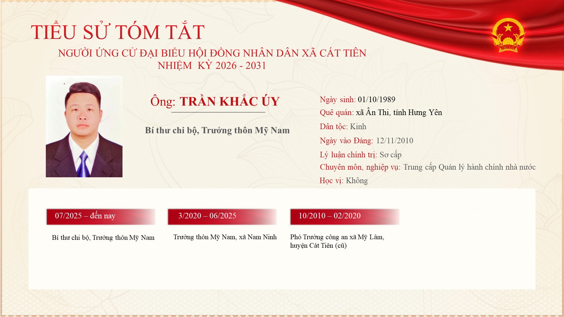 Chương trình hành động của Ứng cử viên ứng cử Đại biểu Hội đồng nhân xã Cát Tiên nhiệm kỳ 2026 - 2031 - đồng chí Trần Khắc Úy