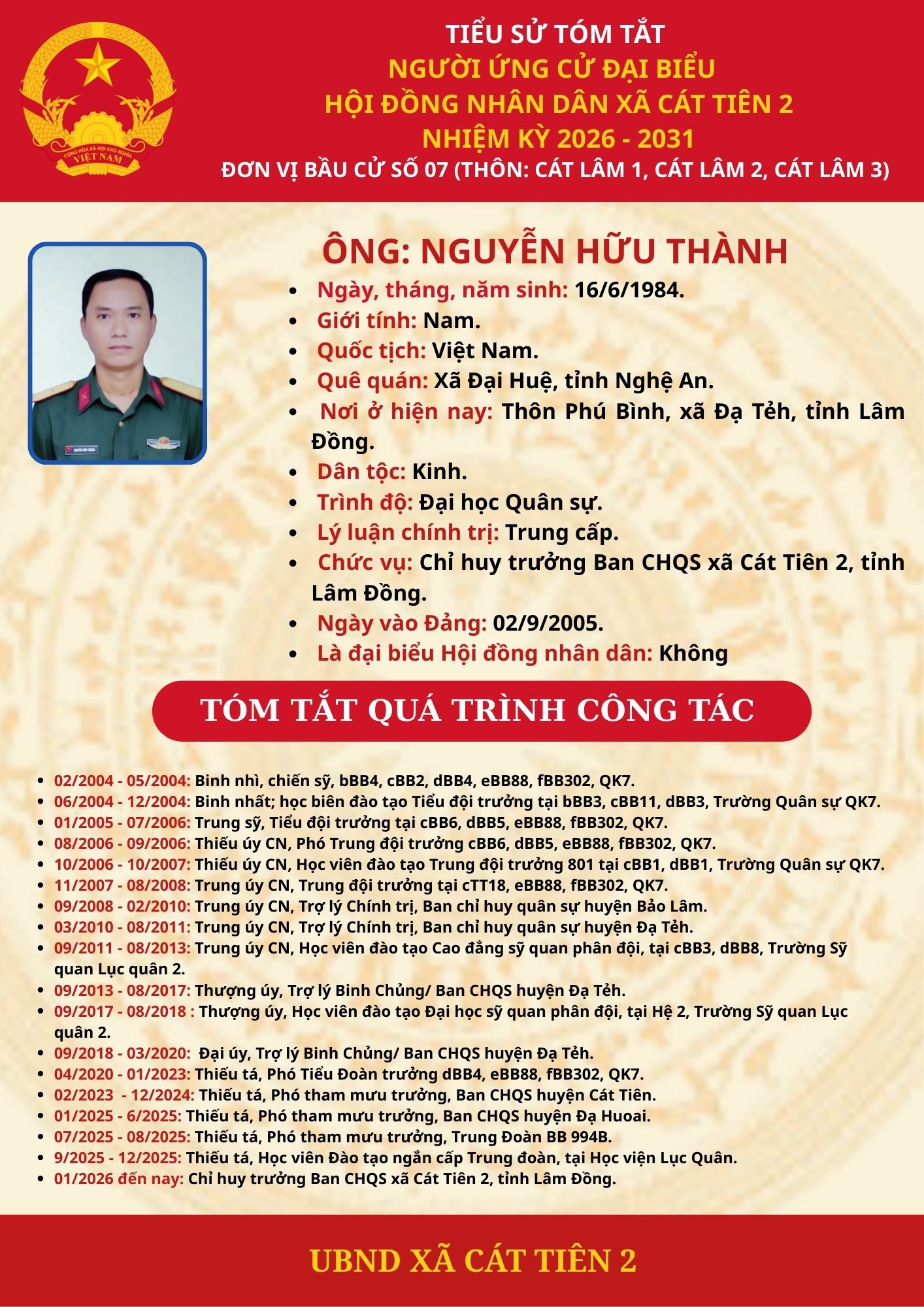 TIỂU SỬ TÓM TẮT NGƯỜI ỨNG CỬ ĐẠI BIỂU HĐND XÃ CÁT TIÊN 2, KHÓA II, NHIỆM KỲ 2026-2031 – ÔNG: NGUYỄN HỮU THÀNH
