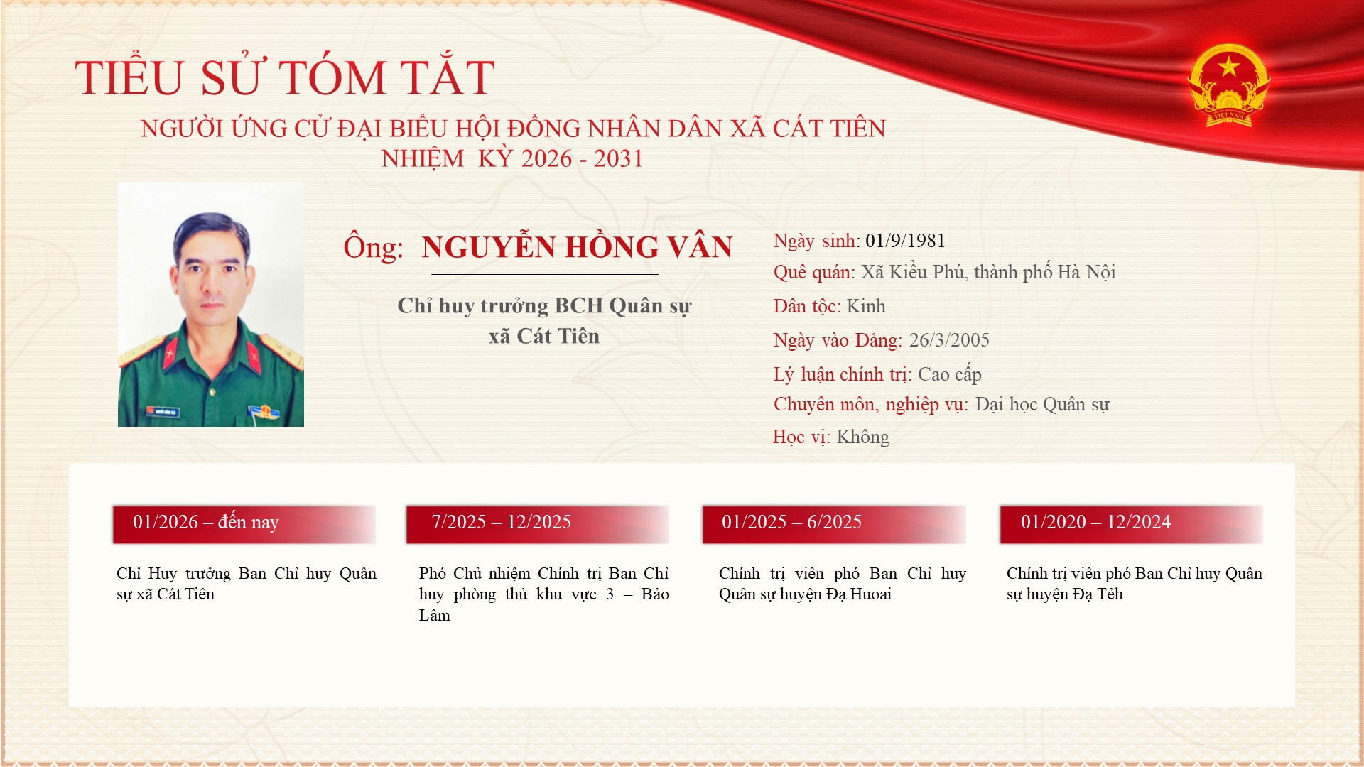 Chương trình hành động của Ứng cử viên ứng cử Đại biểu Hội đồng nhân xã Cát Tiên nhiệm kỳ 2026 - 2031 - đồng chí Nguyễn Hồng Vân