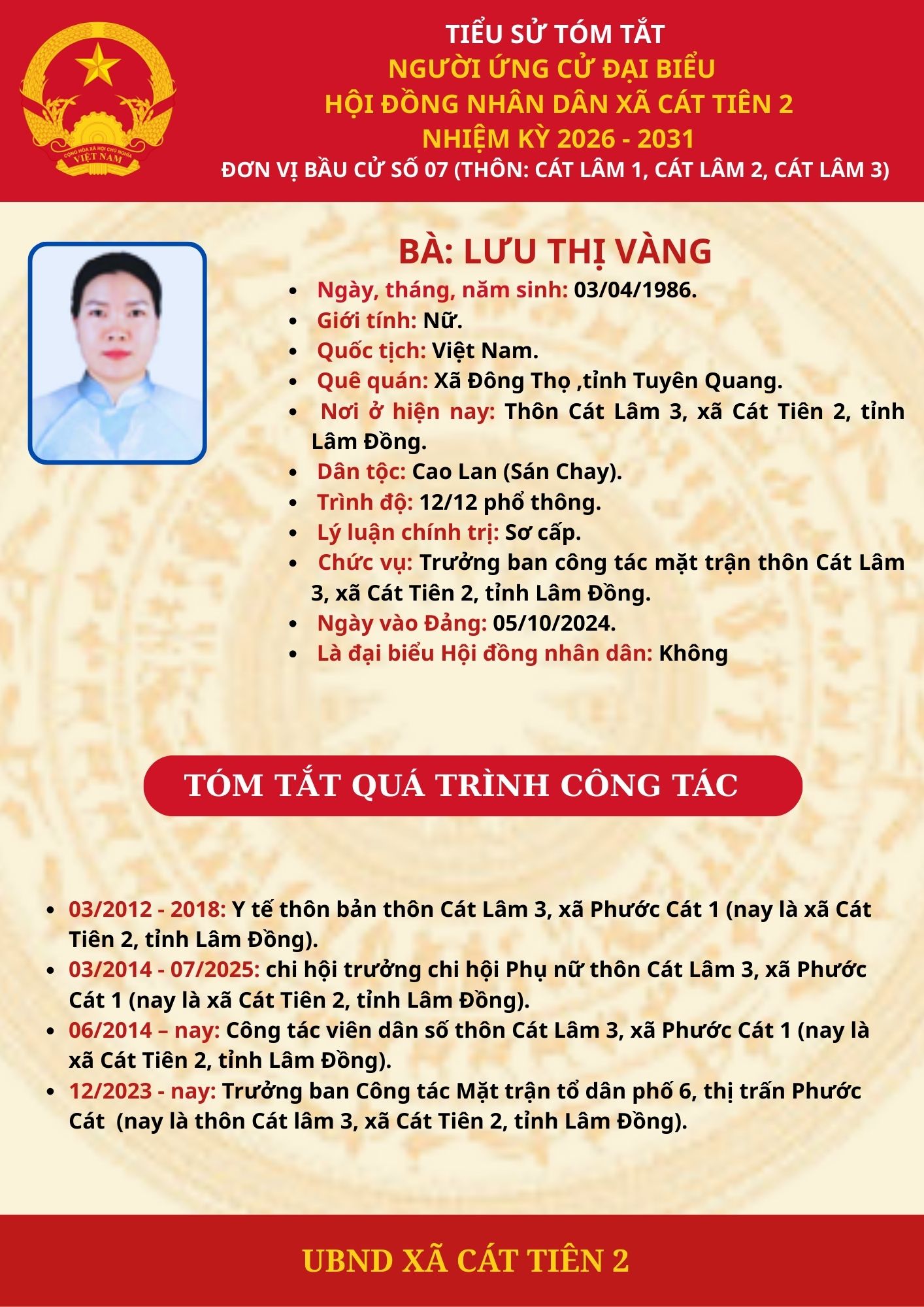 TIỂU SỬ TÓM TẮT NGƯỜI ỨNG CỬ ĐẠI BIỂU HĐND XÃ CÁT TIÊN 2, KHÓA II, NHIỆM KỲ 2026-2031 – BÀ: LƯU THỊ VÀNG
