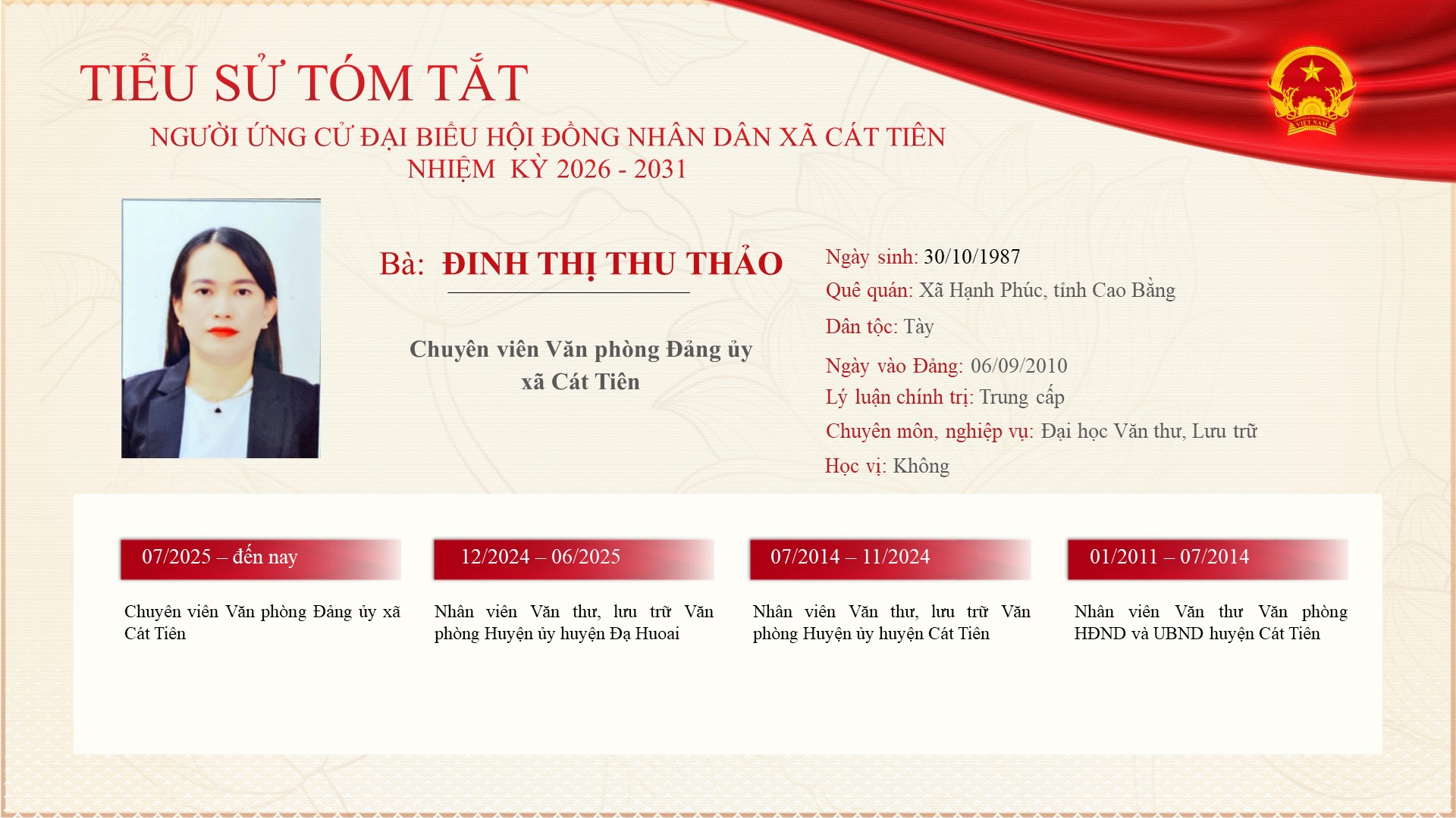 Chương trình hành động của Ứng cử viên ứng cử Đại biểu Hội đồng nhân xã Cát Tiên nhiệm kỳ 2026 - 2031 - đồng chí Đinh Thị Thu Thảo