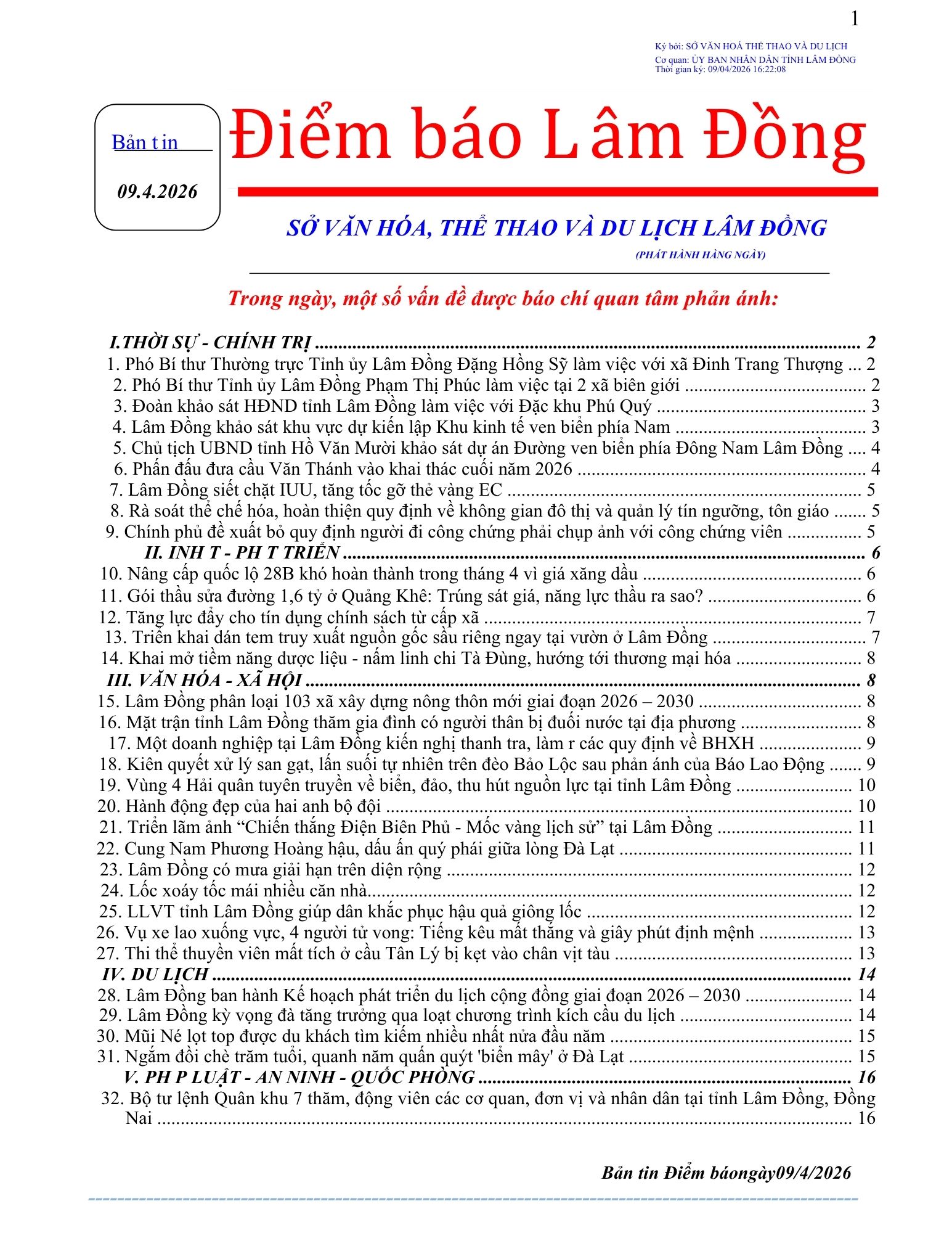 BẢN TIN ĐIỂM BÁO TỈNH LÂM ĐỒNG NGÀY 9.4