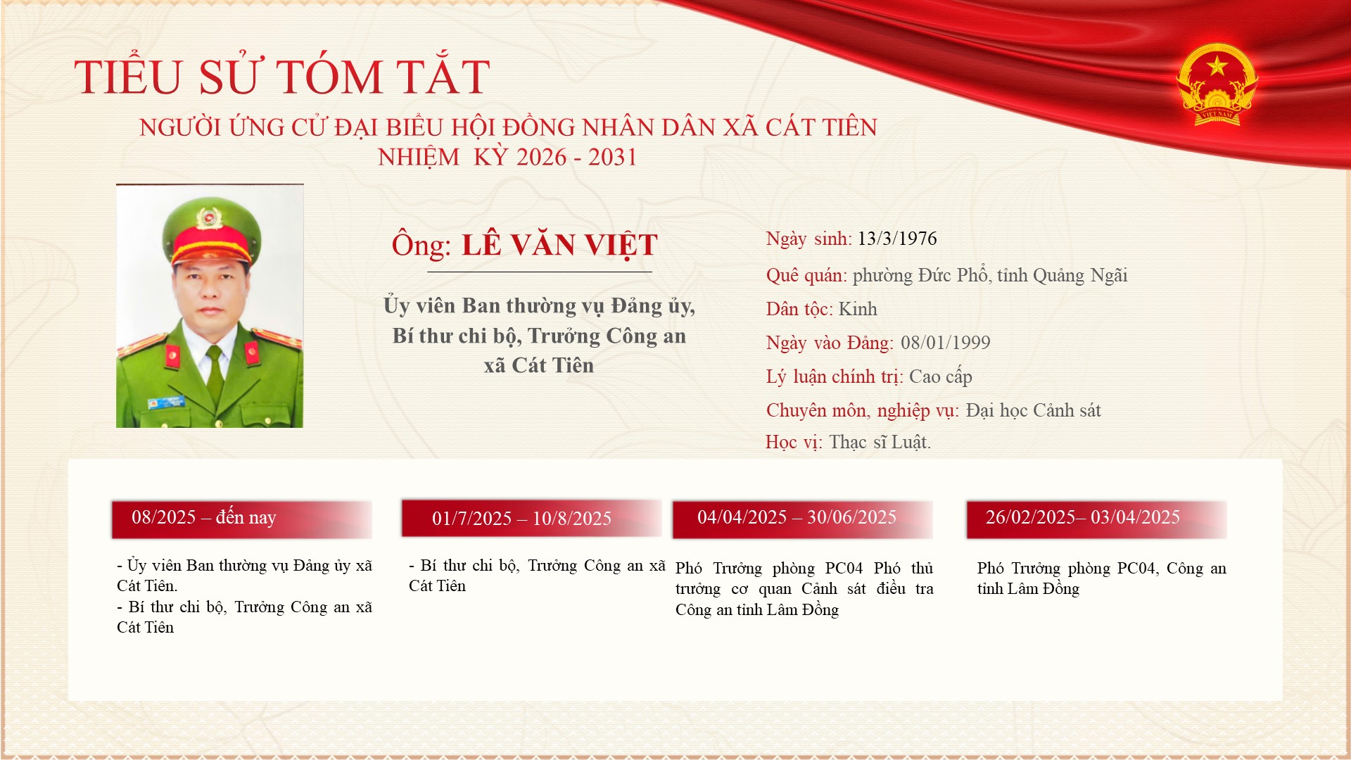 Chương trình hành động của Ứng cử viên ứng cử Đại biểu Hội đồng nhân xã Cát Tiên nhiệm kỳ 2026 - 2031 - đồng chí Lê Văn Việt