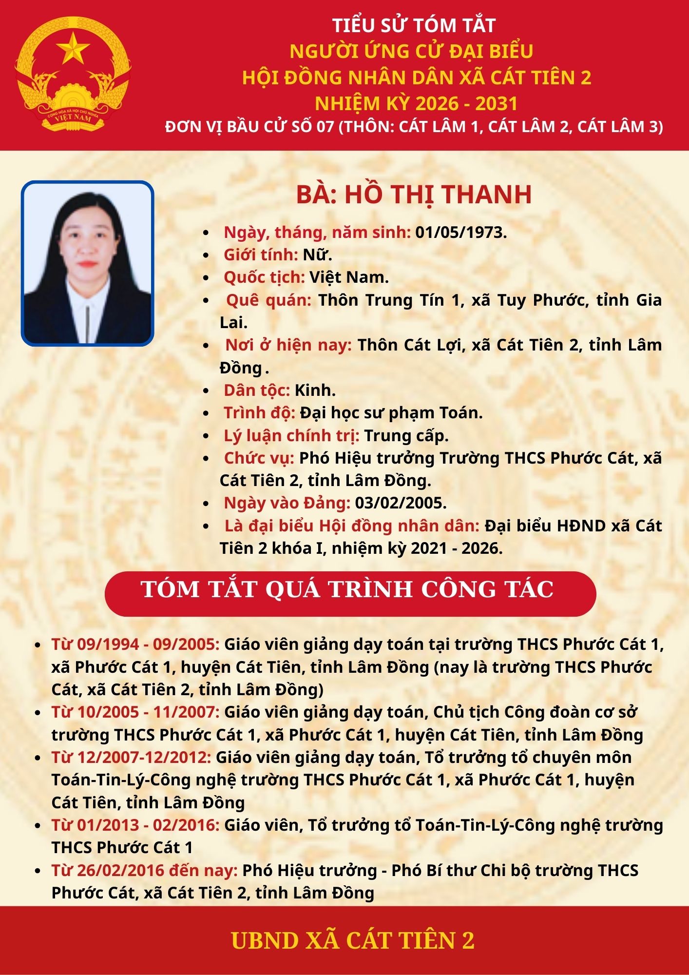 TIỂU SỬ TÓM TẮT NGƯỜI ỨNG CỬ ĐẠI BIỂU HĐND XÃ CÁT TIÊN 2, KHÓA II, NHIỆM KỲ 2026-2031 – BÀ: HỒ THỊ THANH