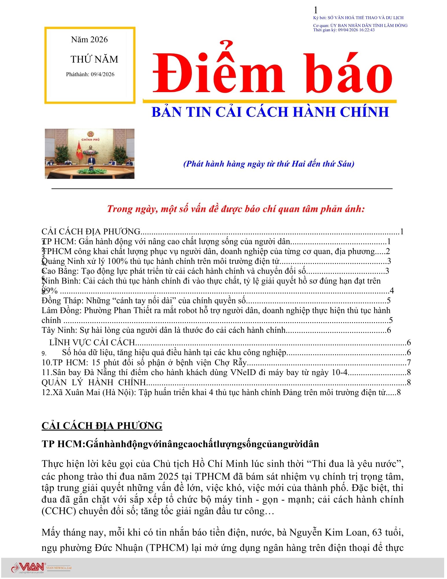 BẢN TIN CẢI CÁCH HÀNH CHÍNH