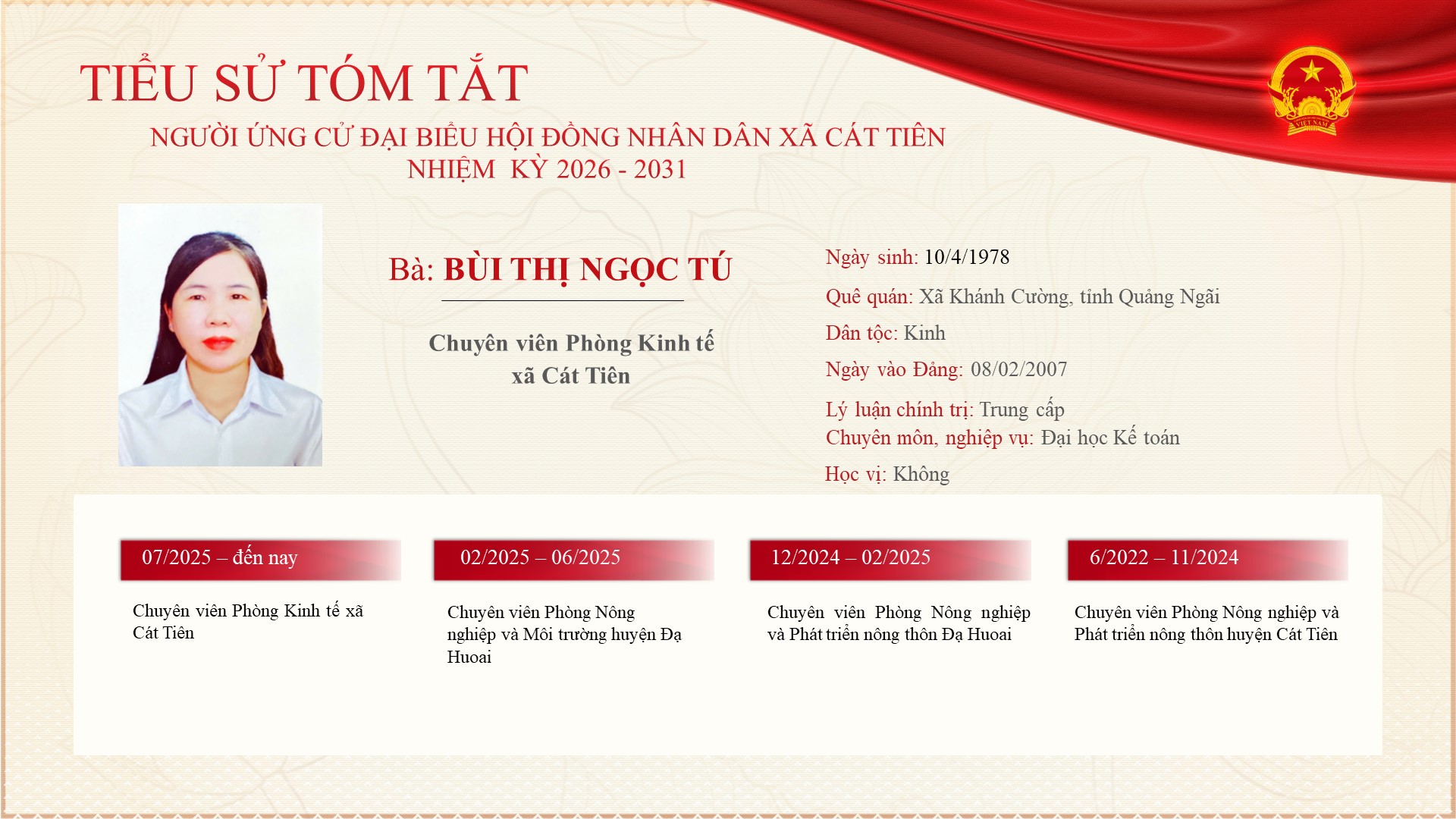 Chương trình hành động của Ứng cử viên ứng cử Đại biểu Hội đồng nhân xã Cát Tiên nhiệm kỳ 2026 - 2031 - đồng chí Bùi Thị Ngọc Tú