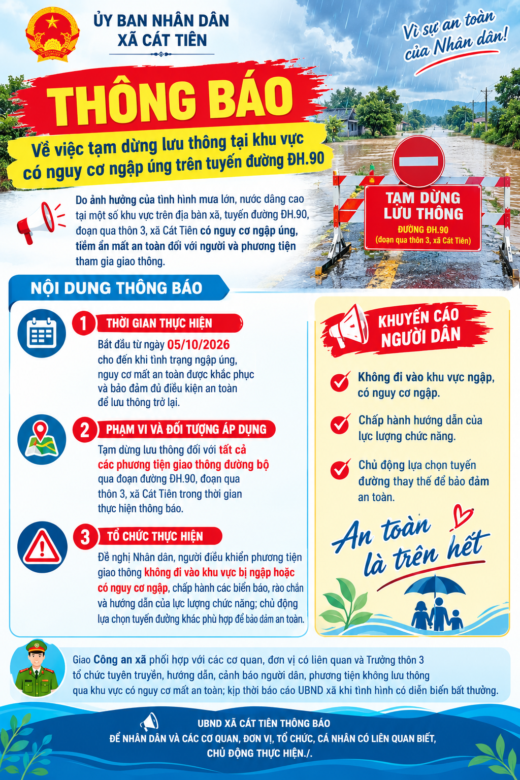 THÔNG BÁO CỦA UỶ BAN NHÂN DÂN XÃ CÁT TIÊN VỀ VIỆC TẠM DỪNG GIAO THÔNG TẠI KHU VỰC BỊ NGẬP ÚNG