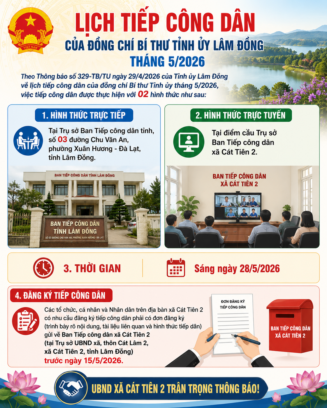THÔNG BÁO LỊCH TIẾP CÔNG DÂN CỦA ĐỒNG CHÍ BÍ THƯ TỈNH ỦY LÂM ĐỒNG THÁNG 5/2026