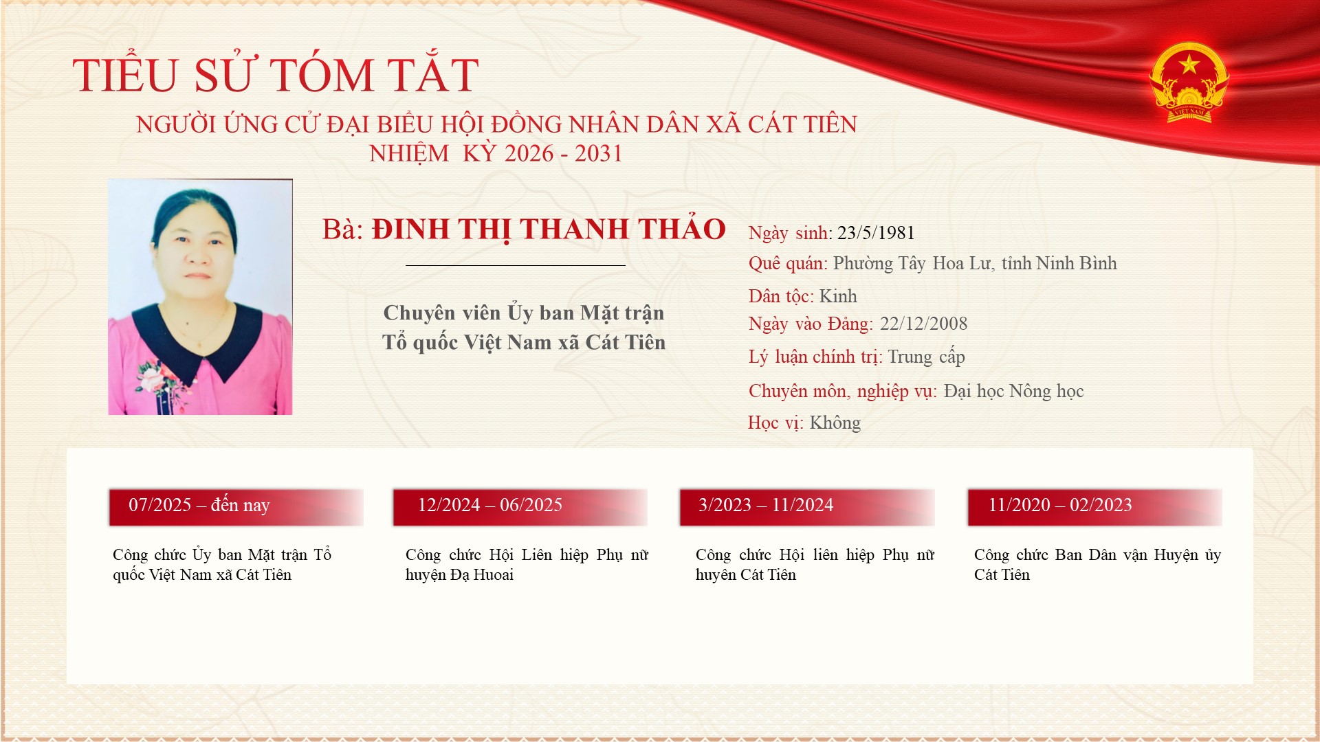 Chương trình hành động của Ứng cử viên ứng cử Đại biểu Hội đồng nhân xã Cát Tiên nhiệm kỳ 2026 - 2031 - đồng chí Đinh Thị Thanh Thảo