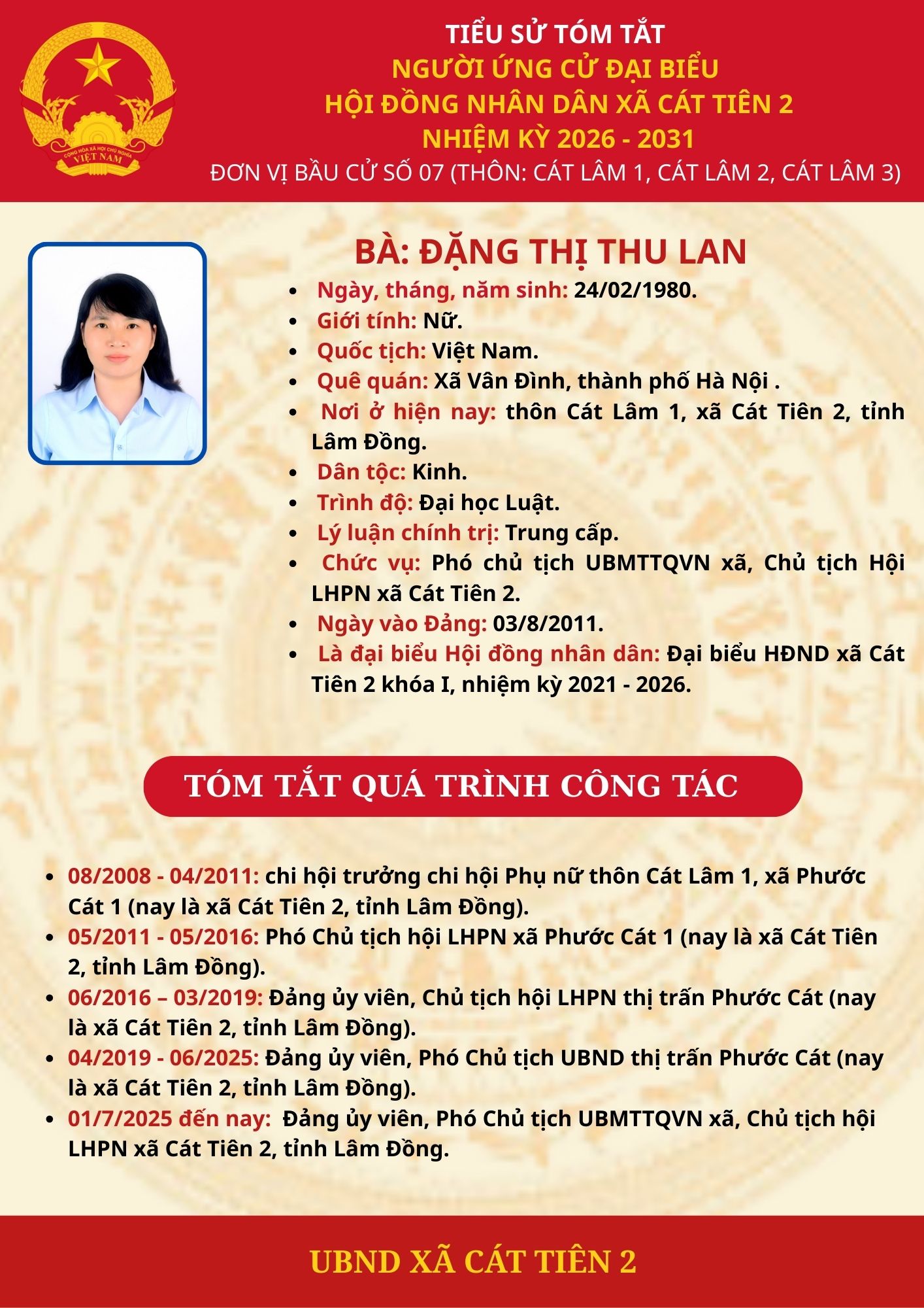 TIỂU SỬ TÓM TẮT NGƯỜI ỨNG CỬ ĐẠI BIỂU HĐND XÃ CÁT TIÊN 2, KHÓA II, NHIỆM KỲ 2026-2031 – BÀ: ĐẶNG THỊ THU LAN
