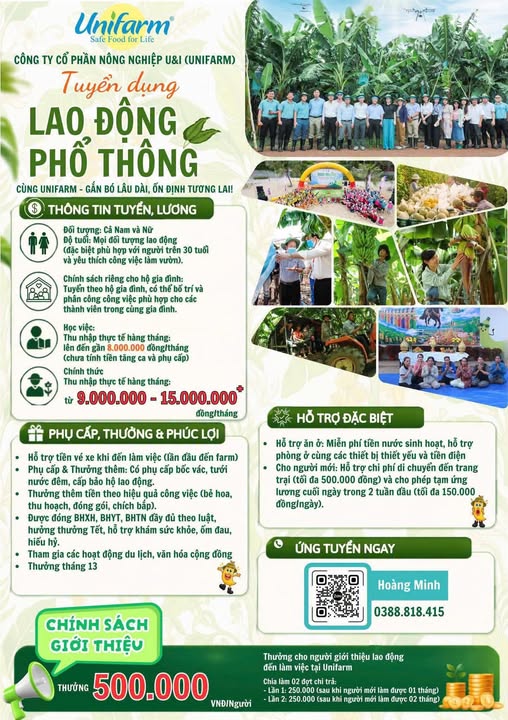 THÔNG BÁO Về việc giới thiệu cơ hội việc làm tại Dự án nông nghiệp ứng dụng công nghệ cao An Thái – UNIFARM, Tp Hồ Chí Minh