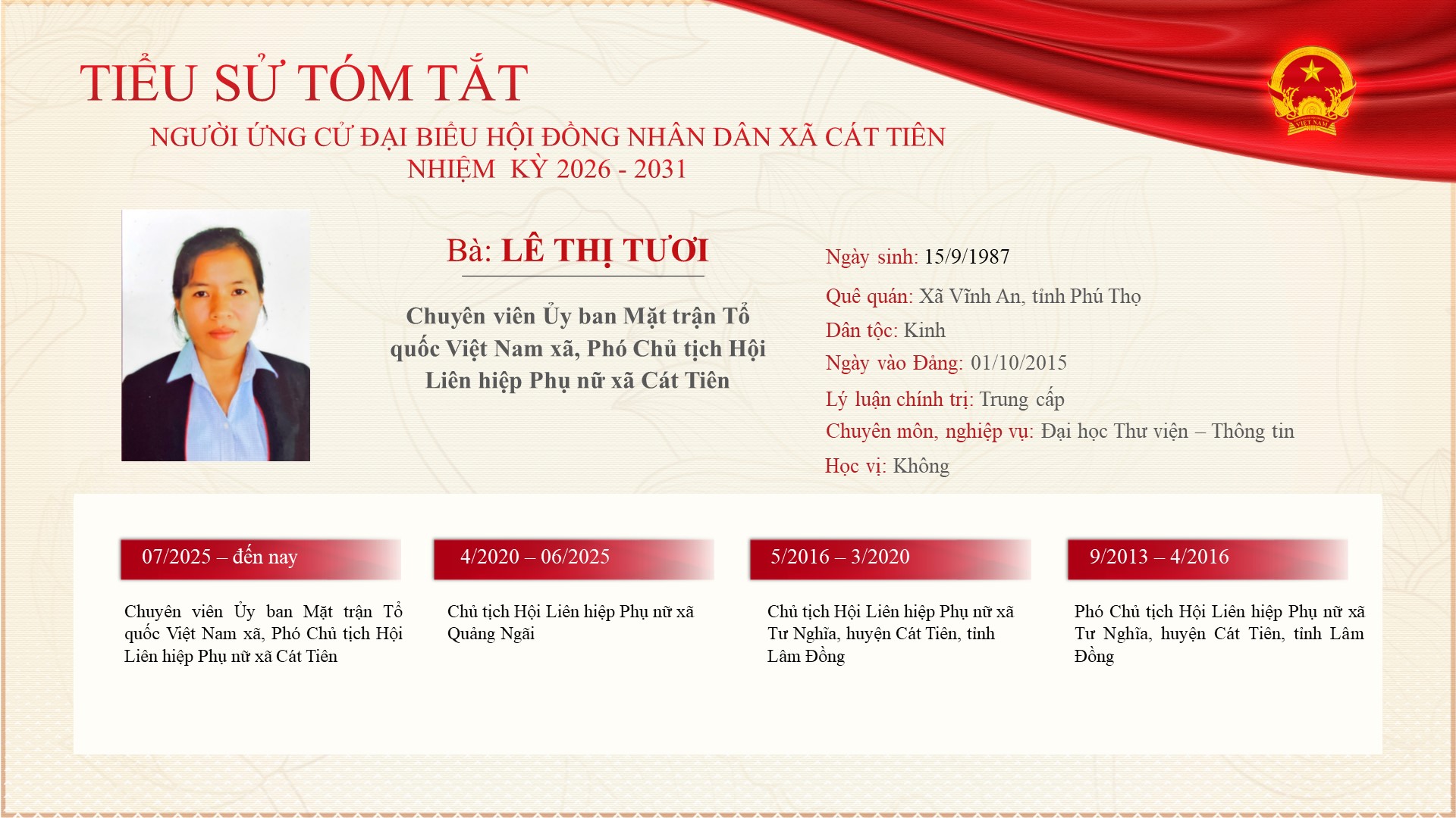 Chương trình hành động của Ứng cử viên ứng cử Đại biểu Hội đồng nhân xã Cát Tiên nhiệm kỳ 2026 - 2031 - đồng chí Lê Thị Tươi