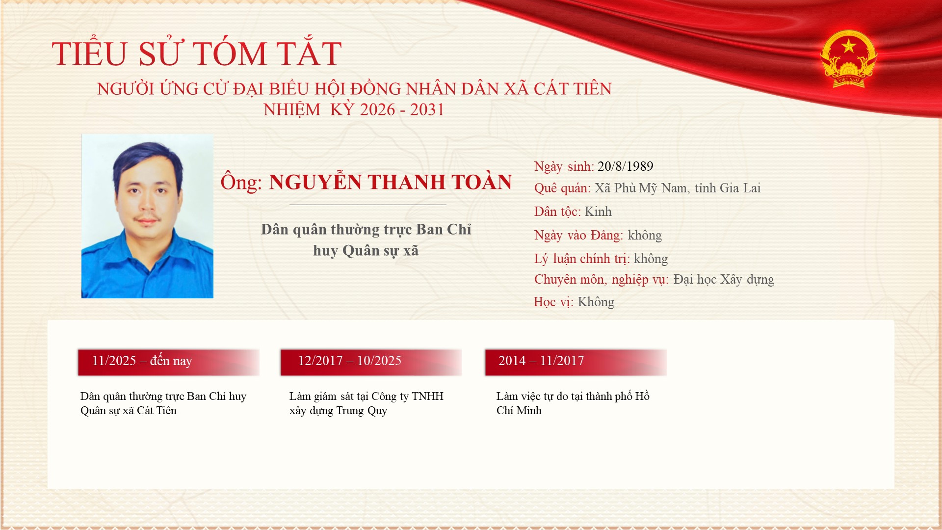 Chương trình hành động của Ứng cử viên ứng cử Đại biểu Hội đồng nhân xã Cát Tiên nhiệm kỳ 2026 - 2031 - đồng chí Nguyễn Thanh Toàn