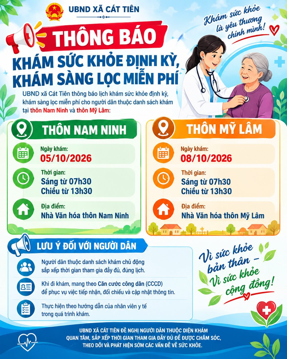Thông báo lịch khám sức khỏe định kỳ, khám sàng lọc miễn phí cho người dân thuộc thôn Nam Ninh và thôn Mỹ Lâm: