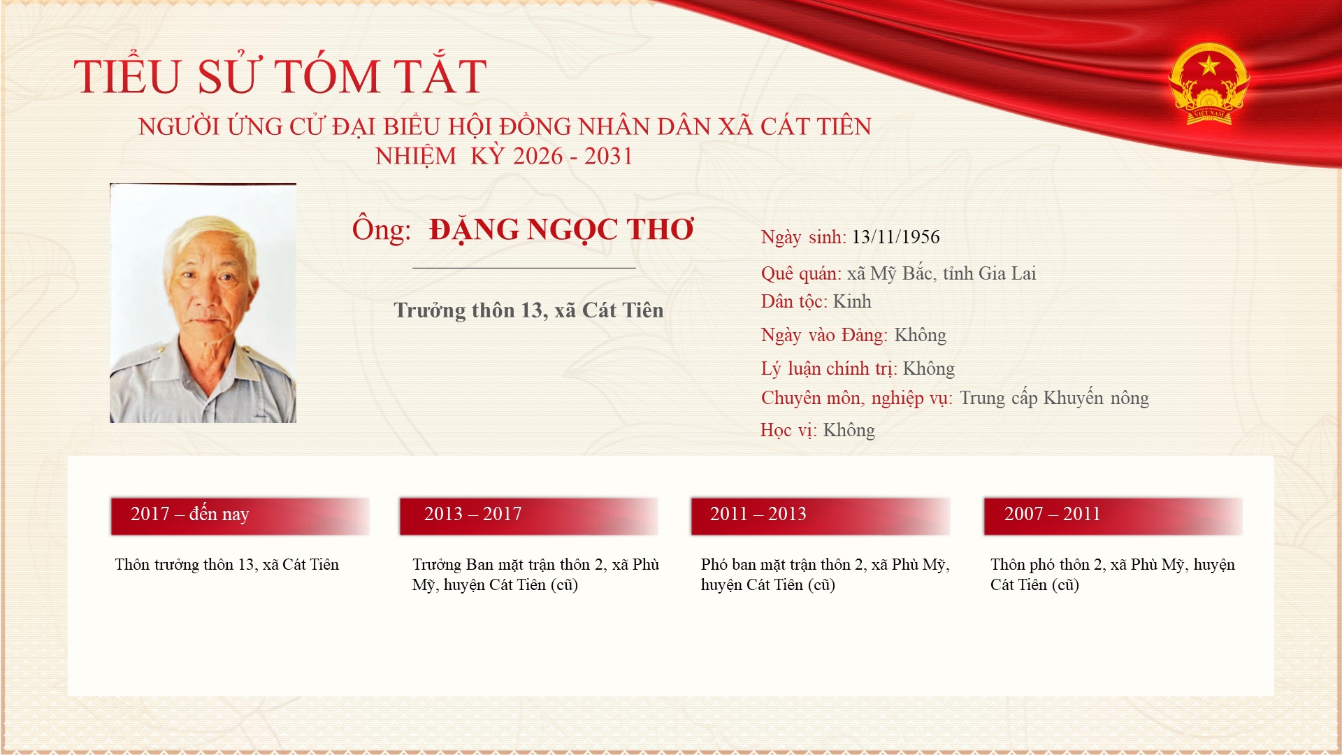 Chương trình hành động của Ứng cử viên ứng cử Đại biểu Hội đồng nhân xã Cát Tiên nhiệm kỳ 2026 - 2031 - đồng chí Đặng Ngọc Thơ