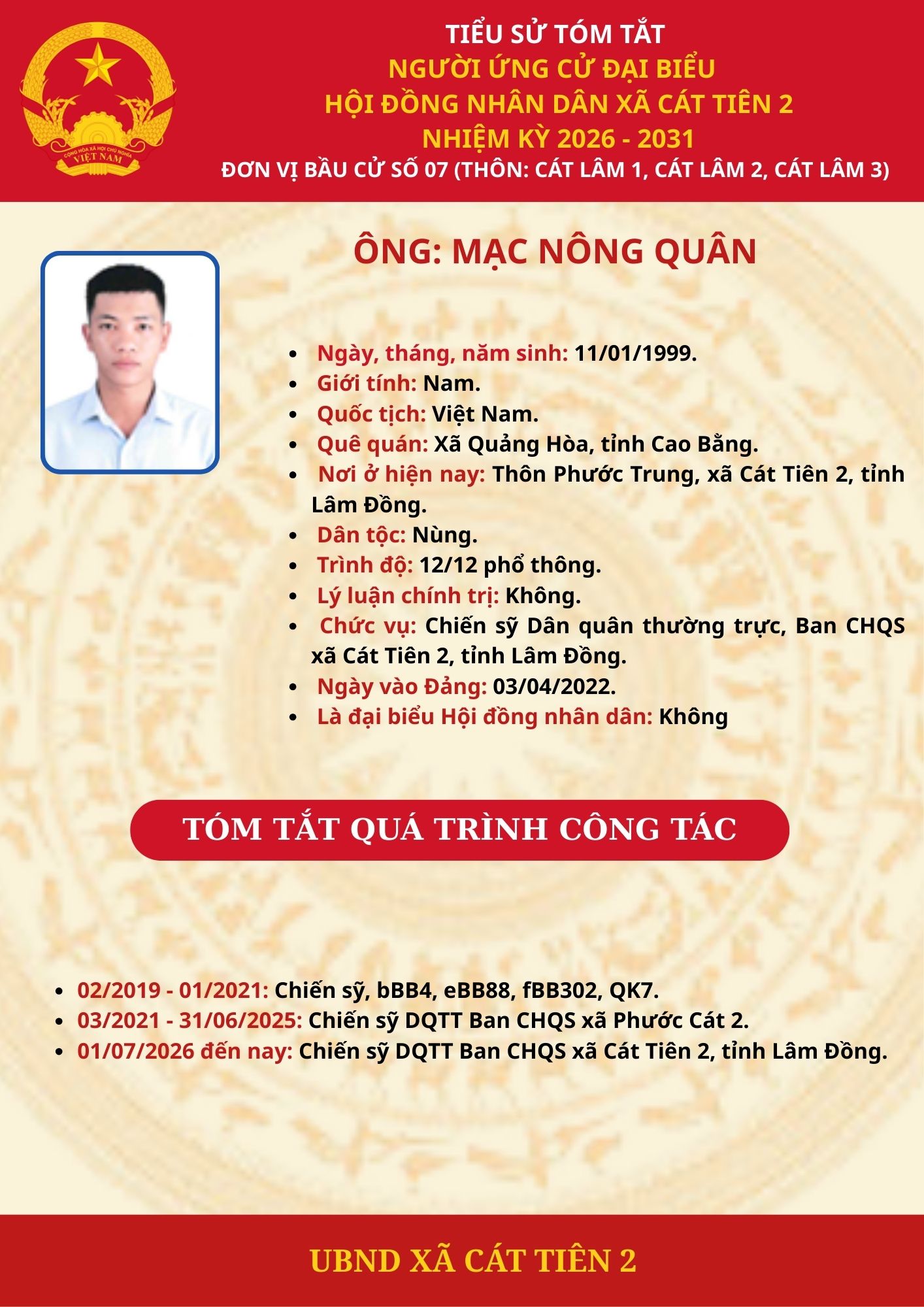 TIỂU SỬ TÓM TẮT NGƯỜI ỨNG CỬ ĐẠI BIỂU HĐND XÃ CÁT TIÊN 2, KHÓA II, NHIỆM KỲ 2026-2031 – ÔNG: MẠC NÔNG QUÂN