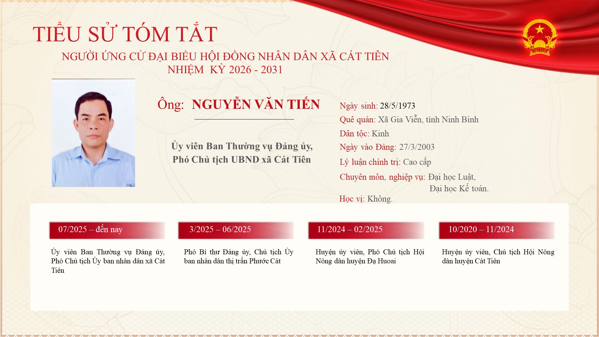 Chương trình hành động của Ứng cử viên ứng cử Đại biểu Hội đồng nhân xã Cát Tiên nhiệm kỳ 2026 - 2031 - đồng chí Nguyễn Văn Tiến